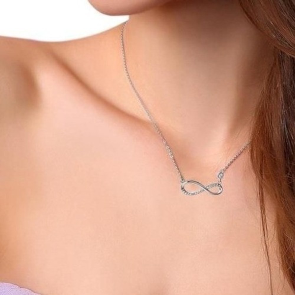 Sterling Silver Plated Infinity Pendant Necklace Cubic Zirconia Cable 18" Chain